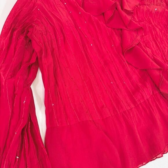 Notations Blouse Womens 2X Red Polyester Long Bell Sleeve V-Neck Ruffled Sequins - Picture 2 of 10
